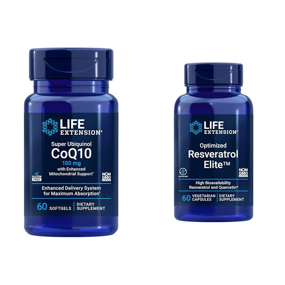 Life Extension Super Ubiquinol CoQ10 60 Softgels og optimalisert Resveratrol Elite 60 Vegetariske kapsler Bundle