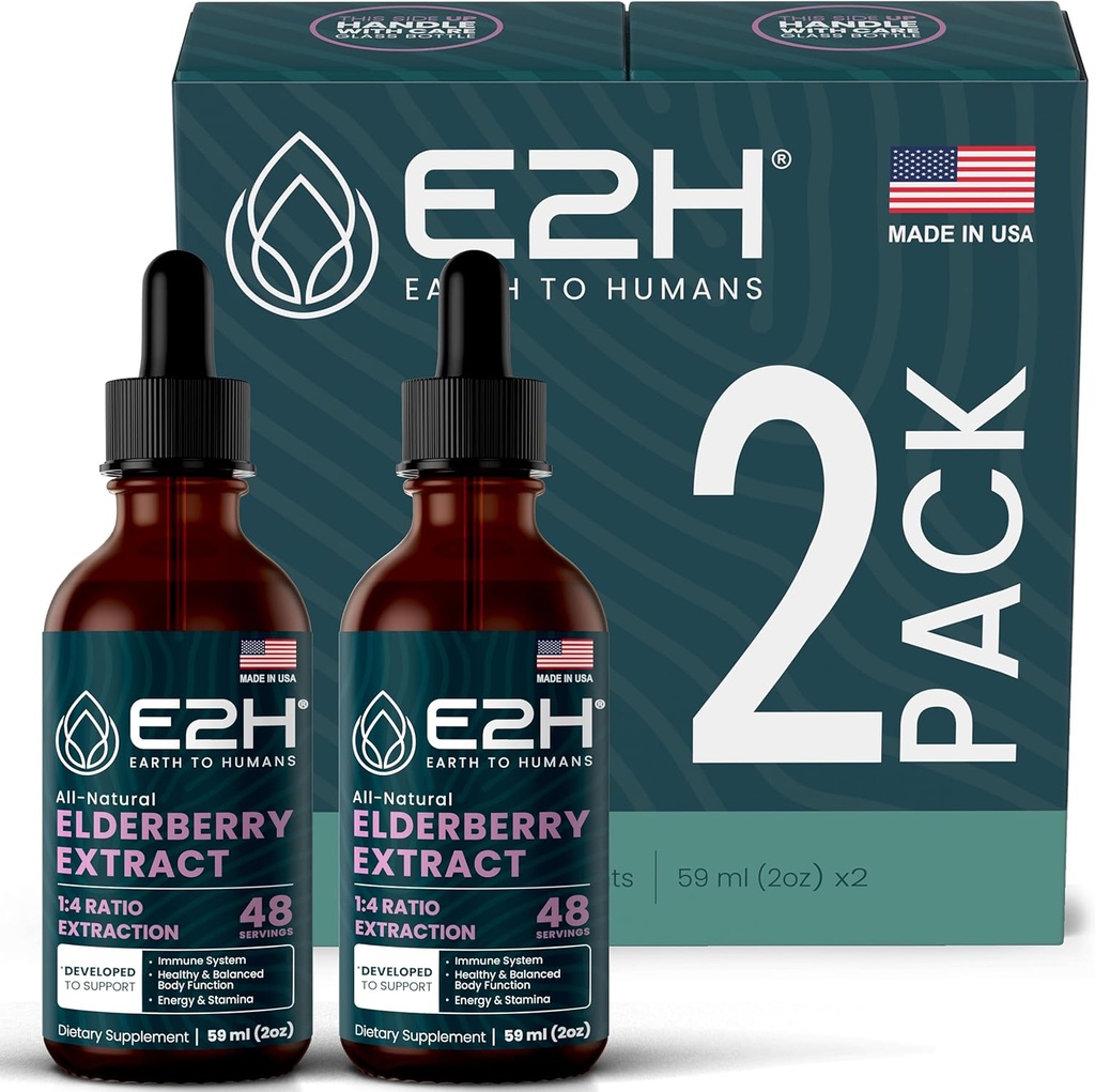 E2H Elderbær Syrup - Powerfulle antioksidanter Supplement fra organiske eldrebær ekstrakt - Sambucus Elderberry Syrup for barn og voksne for immunstøtte | Ikke-GMO, Vegansk (2 flasker)