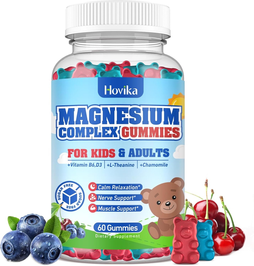 Kids Magnesium Gummies - Magnesium Glycinate Citrat Chewable Supplement med vitamin B6, D3, Passion Blomster, L-theanin - Sukkerfri rolig Magnesium for barn og voksne søvn, Mood, Relaxation, 60 Chews