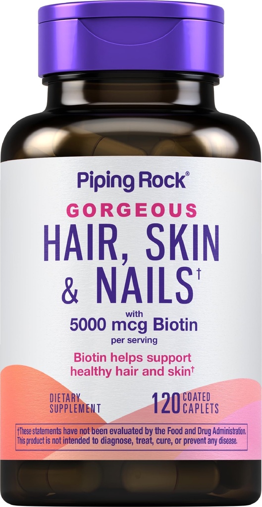 Piping Rock Hair Hud og negler Vitaminer | 120 Caplet piller | med kollagen | 5000 mg Biotin | Ikke-GMO, Glutenfri kosttilskudd