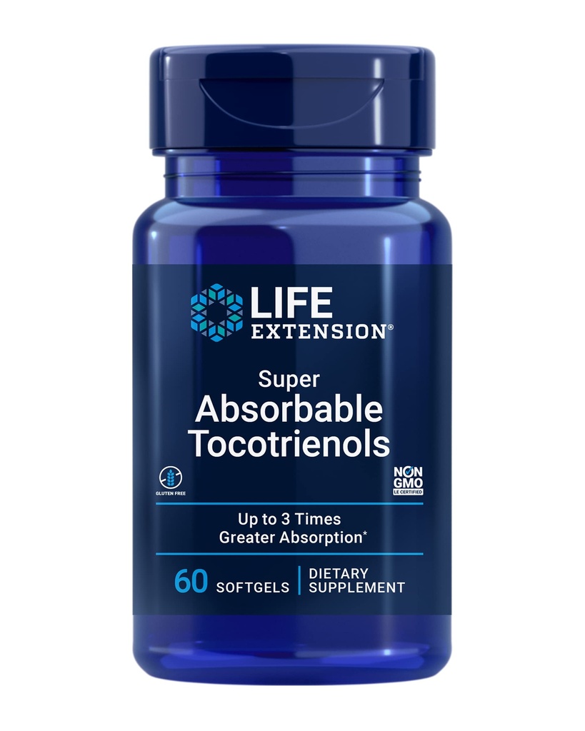 Livsforlengelse Super absorberbare tokotrienoler, vitamin E som D-Alpha tocopherol, blandet tokotrienoler, støtte hårvekst, hjernefunksjon, glutenfri, ikke-GMO, 60 mykegels