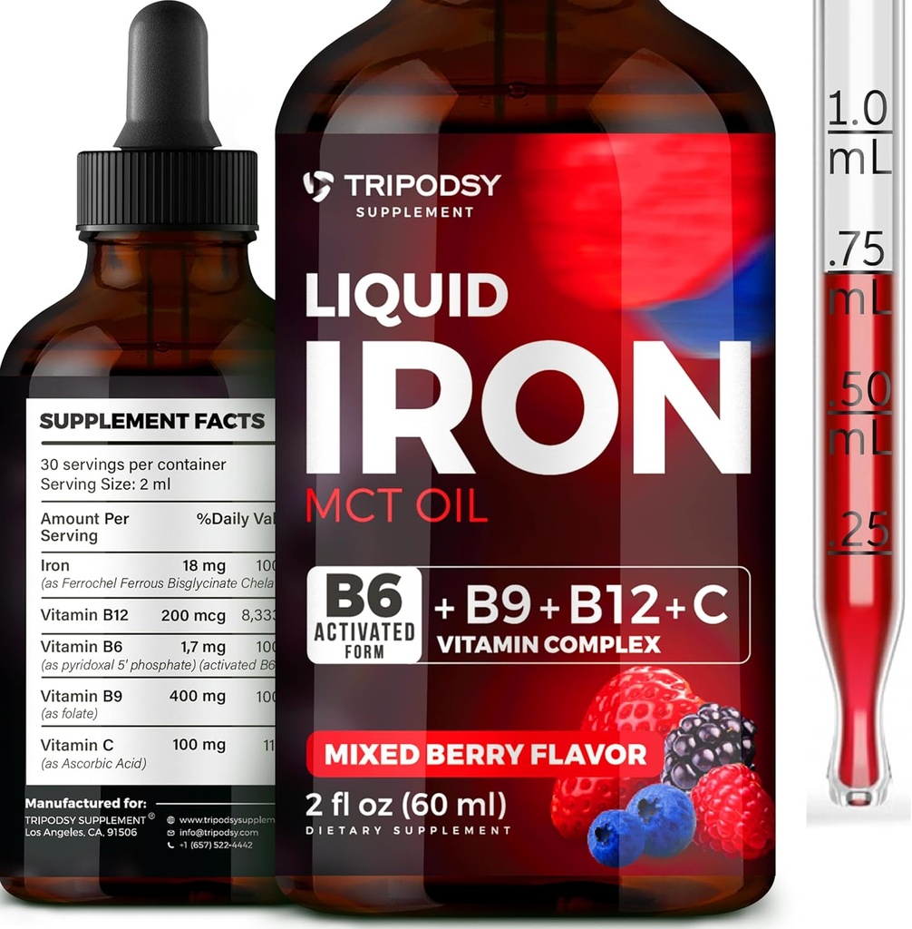 Liquid Iron Supplement for kvinner og menn - Jerndråper med B6, B9, B12, Vitamin C for anemi, blodbygger, Folat for rød blodcelle og immunstøtte MCT olje (2 Fl Oz, Blandet Berry)