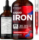 Liquid Iron Supplement for kvinner og menn - Jerndråper med B6, B9, B12, Vitamin C for anemi, blodbygger, Folat for rød blodcelle og immunstøtte MCT olje (2 Fl Oz, Blandet Berry)