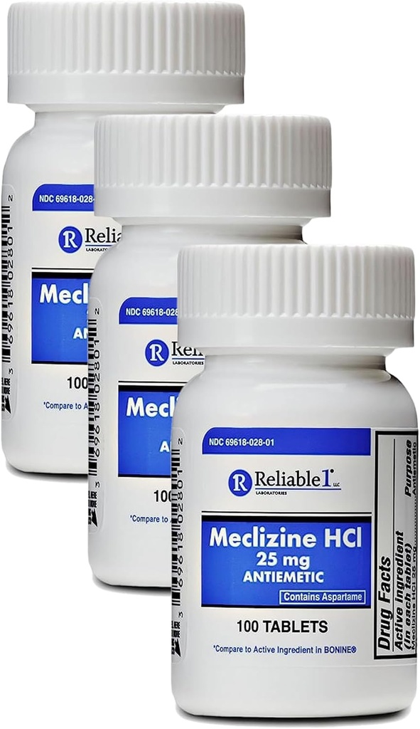 Meklizine HCL 25 mg 100 tabletter (1 flaske) (pakning med 3)