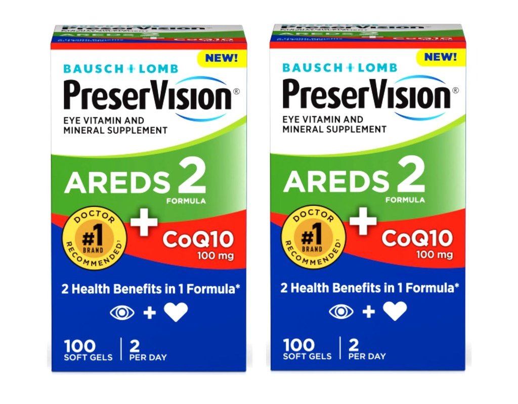 PreserVision Eye Vitamin & Mineral Supplement AREDS 2 Formel + CoQ10, 2-i-1 helse fordeler, 100 Softgels (2 per dag) Pakke med 2