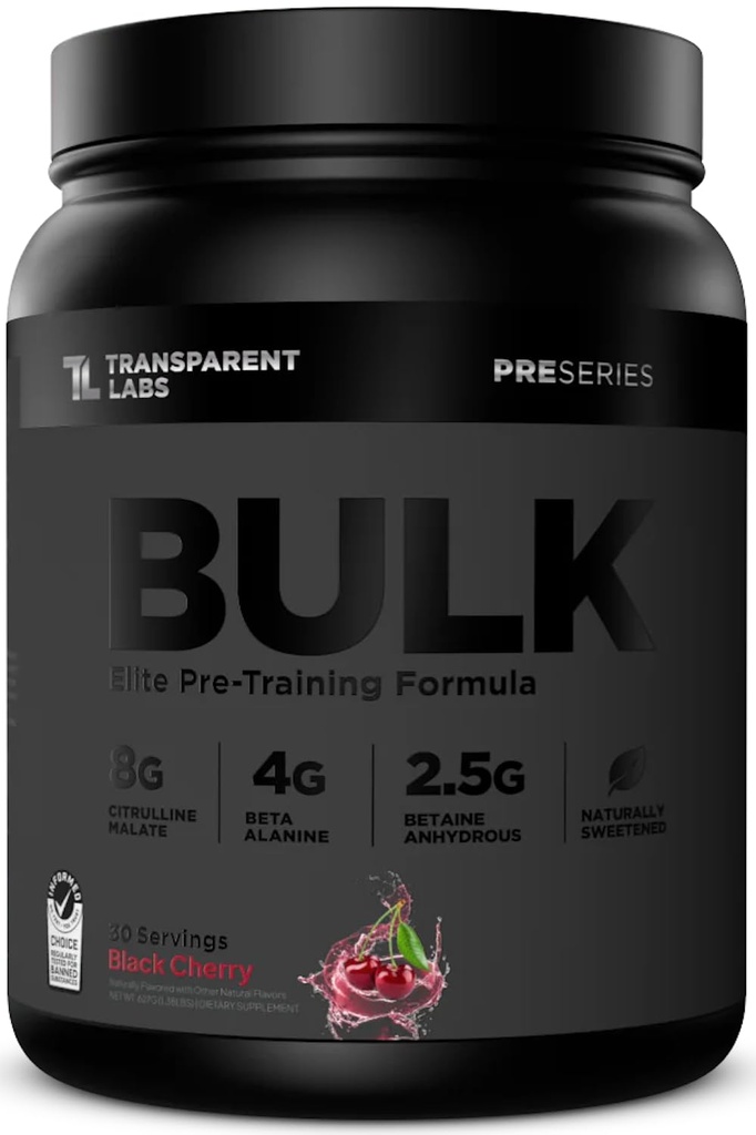 Transparent Labs bulk svart pre trening - klinisk dosert, sukker gratis preworkout for menn og kvinner med Beta Alanine pulver, citrullin malate, og koffein - 30 serveringer, svart Cherry