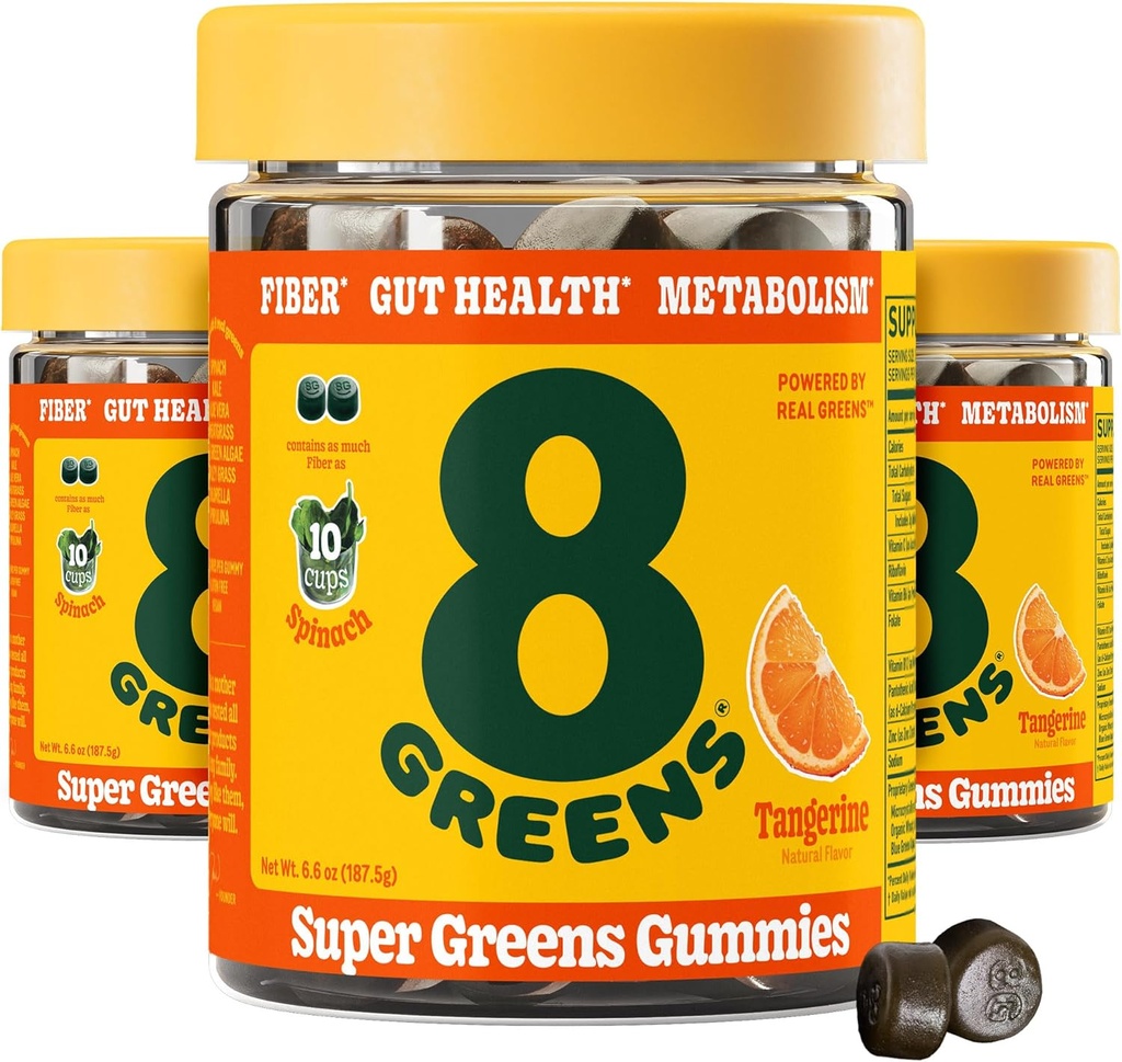 8Greens Daily Fiber Super Greens Gummies - Tangerine Flavor: Boost Immune System & Digestive Helse med 8 ekte grønn - Ikke-GMO Formula, Chewables, 50 Gummies, Pakke 3
