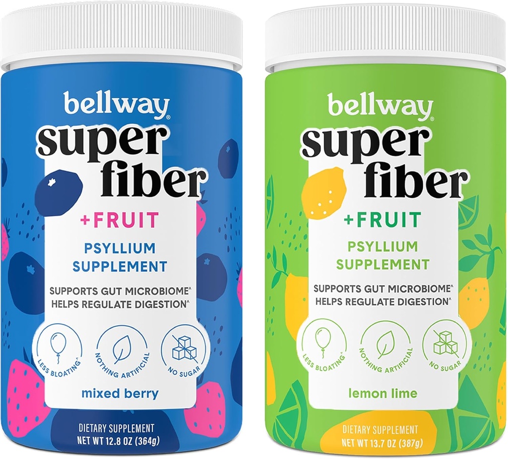 Bellway Super Fiber pulver + frukt, sukkerfri organisk Psyllium Husk pulverfiber Supplement for regelmessighet, Bloating Relief & Gut Helse, Ikke-GMO, Blandet Berry & sitron lime