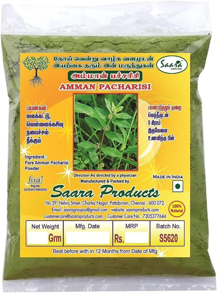 TNA Herbal Fresh Amman Pacharisi Powder 100g Euphorbia Hirta pulver | Dudhi pulver, brukt for vorter bumser og sår (pakke på 1 X 100g)