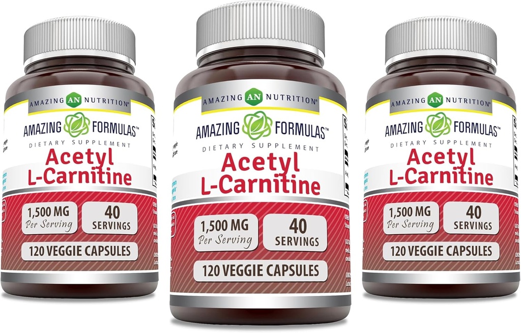 Amazing Formler Acetyl L-Carnitine 1500 Mg Per Serving Veggie Capsules Supplement | Ikke-GMO | Glutenfri | laget i USA | Egnet for vegetarianere (120 greve) | Pakke med 3