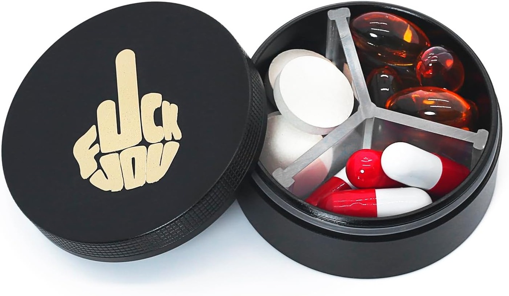 Små pille tilfelle 3 sammenligninger, metall rund bærbar pille boks, vanntett reisepilleorganisator, Pocket purse medisin vitaminholder EDC container (svart med finger)