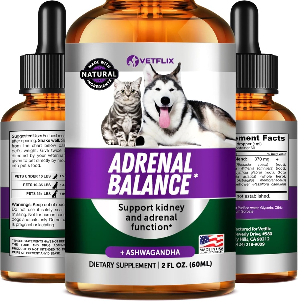 Kjæledyr Adrenal støtte for hunder og katter - laget i USA - Cushings behandling for hunder - Cat & Dog Supplement for nevrale støtte - 2 Fl Oz