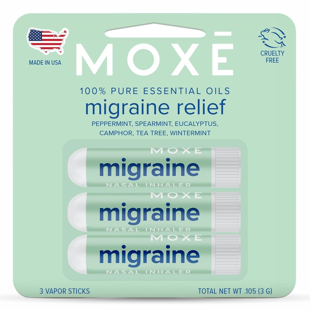 MOXE Migraine Relief Nasal Inhalatorer, essensielle oljer for hodepine og tentasjon Relief, Bærbar Aromaterapi, Enkel-til-bruk, Ren & Undiluted, Peppermynte, Spearmint, Eucalyptus, Te Tree, USA laget, 3 Pack