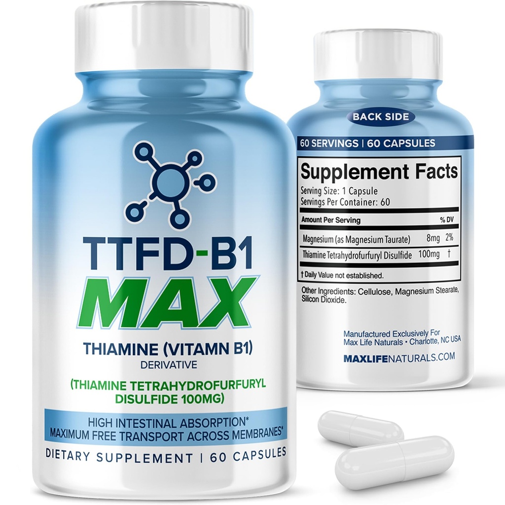 TTFD Thiamine B1 Supplement 60Kapsule laget i USA- Thiamin TTFD Vitamin B1 MAX, høy potens Supplement for energi og fokus, støtter sunn nervefunksjon og total velvære av MaxLife Naturals