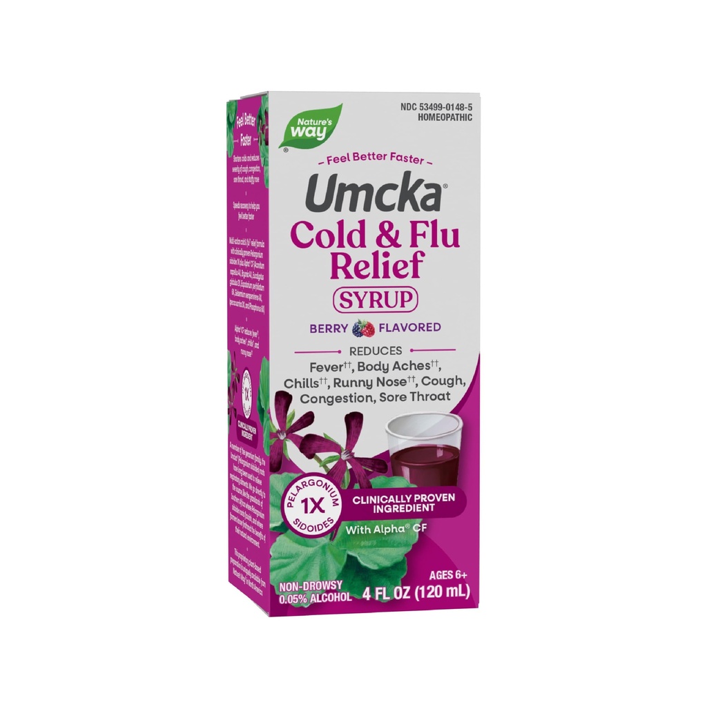 Naturens måte Cold + Flu Relief Syrup, Umcka, Feber*, Sore Throat, Cough, Congestion, Kroppssmerter*, Homeopatisk, Phenylephrine Free, 0,05% Alkohol, Berry Flavored, 4 Fl Oz (Packing May Vary)