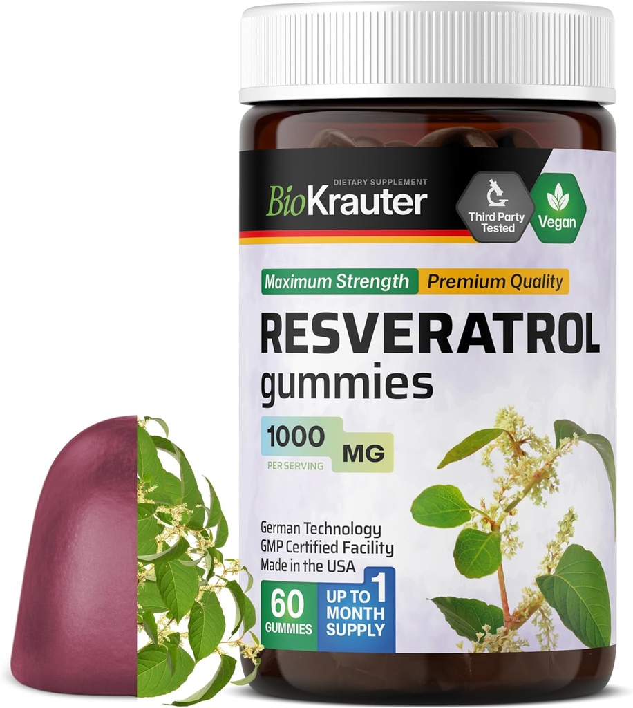 BIO KRAUTER Resveratrol Gummies - 1000 mg styrke - 60 Vegan Chews - 98% ren trans Resveratrol Supplement - Antioksidant støtte