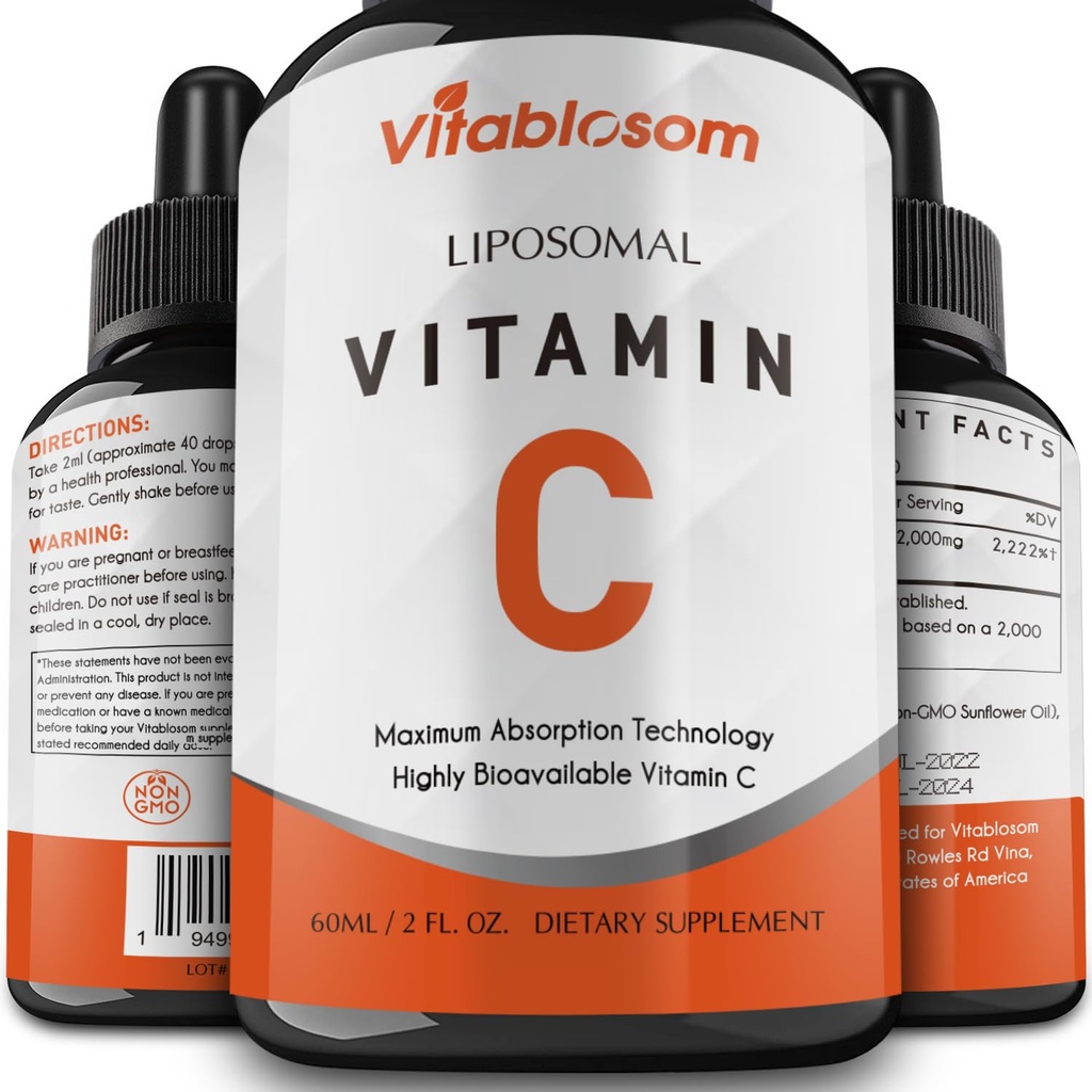 Liposomal vitamin C 2000mg flytende for voksne, høy absorpsjon VIT C, maksimere vitamin C, immunsystem og antioksidant støtte, 60ML (1 flaske)