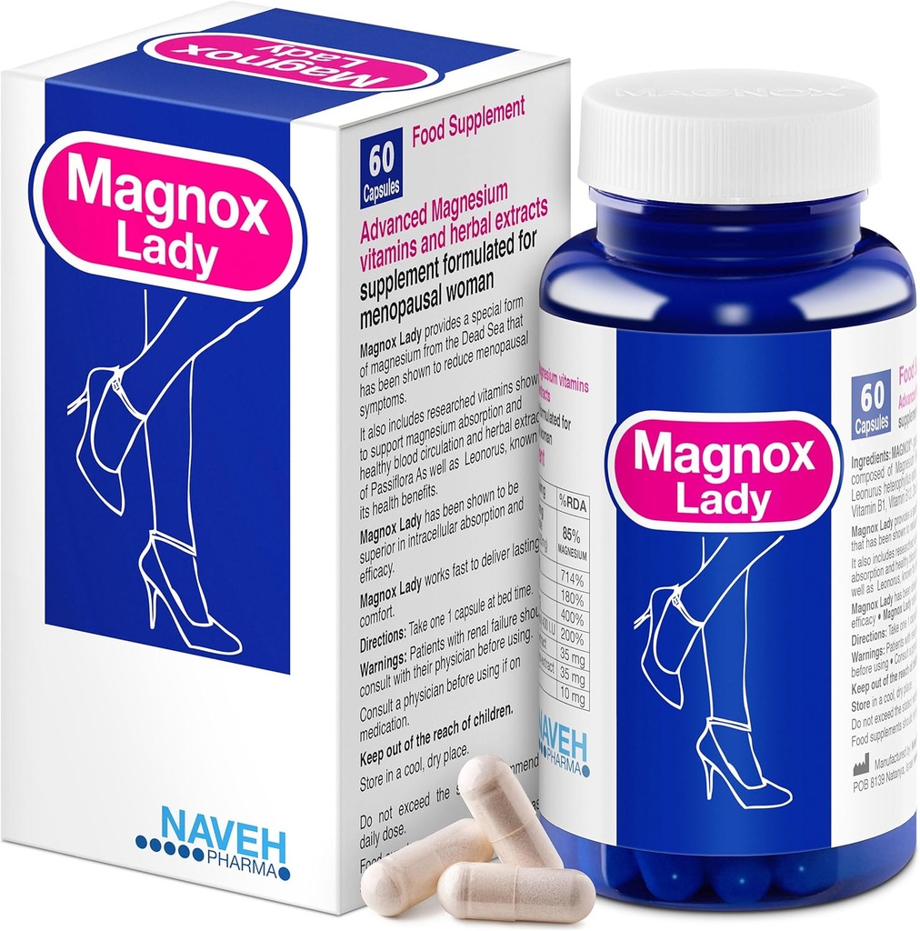 MAGNOX® Lady Magnesium Supplement | Menopause og PMS Støtte Supplement for kvinner | Magnesium Kompleks med vitaminer B6, B1, B12, D, Sink | Høyabsorpsjon Dead Sea Organic | 60 Vegetariske kapsler