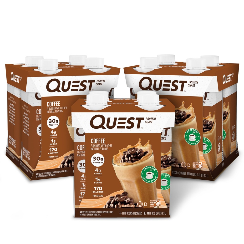 Quest ernæring klar til å drikke kaffeproteinshake, 30g protein, 4g karbohydrat, 1g sukker, glutenfri, ketovennlig, 4 greve (pakke med 3)