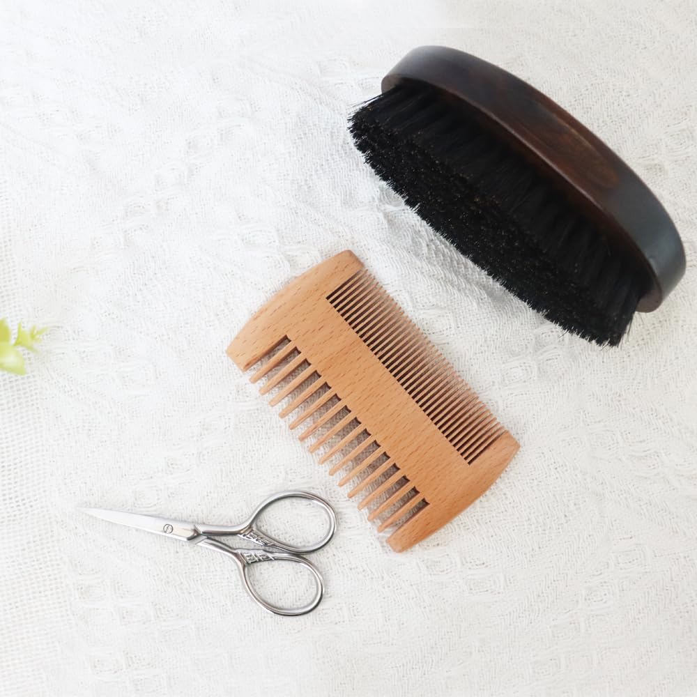 Beard Grooming Kit, Beard Care Set, menns Grooming Kit, Beard Trimming Kit, Naturlig Boar Bristle Brush og Pear Wood Comb sett for menn - Dual Action Grooming for Skjegg og Mustaches
