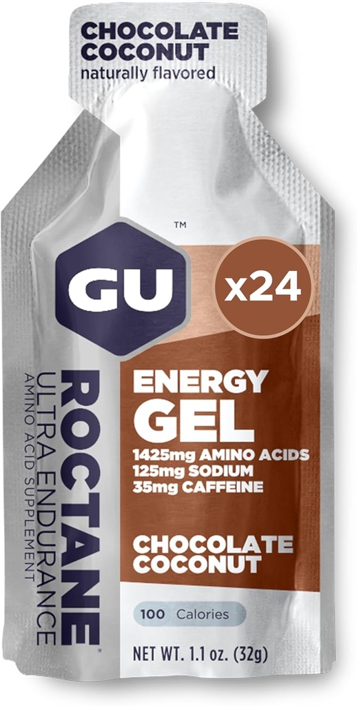 GU Energi Roctane Ultra Endurance Energy Gel, Vegan, Glutenfri, Kosher og Dairy-Free On-The-Go Sports Nutrition for løp, sykling, sykling eller skikjøring, sjokolade coconut,24-count
