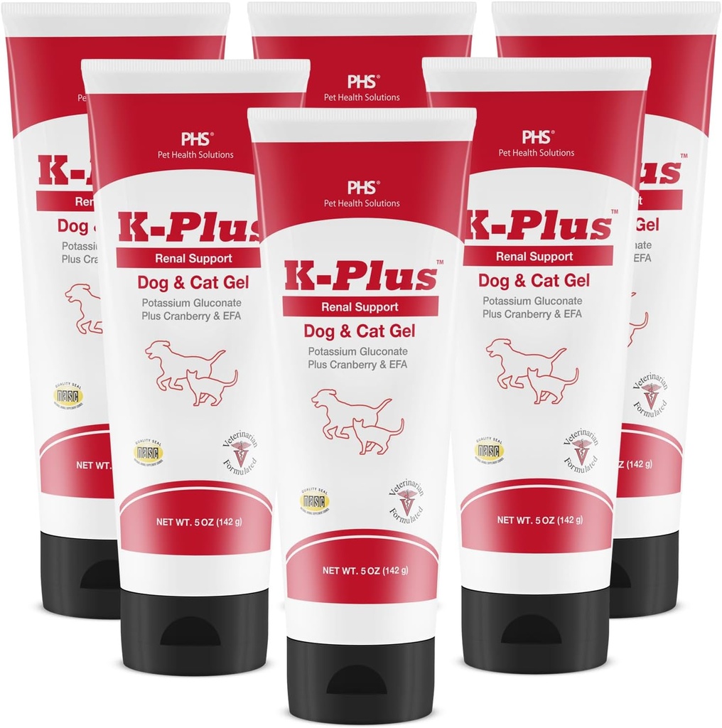 K-Plus Kalium Gluconate Renal Gel Plus Cranberry og EPA for hunder og katter - Veterinærgodkjent nyresupplement - støtter Kalium Balance - (6 Pack, Gel)