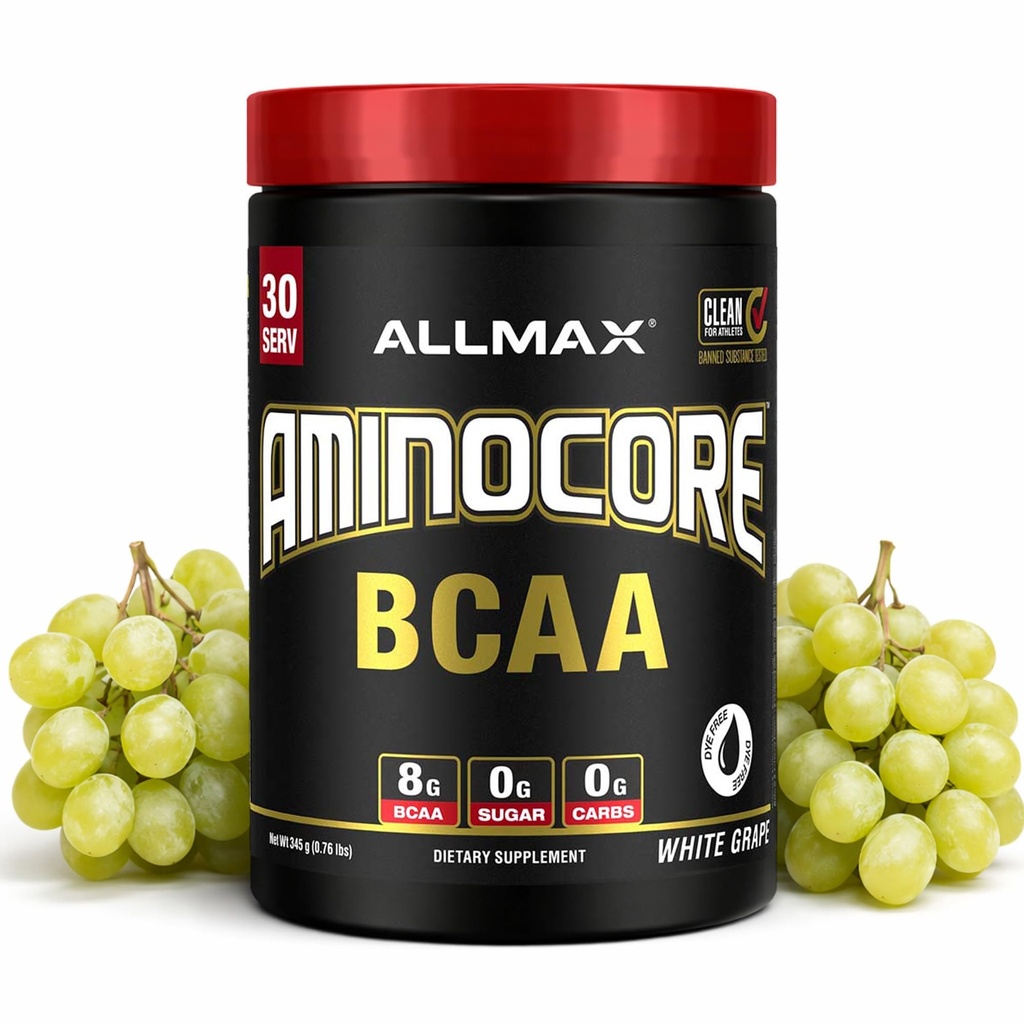 ALLMAX ernæring Aminocore BCAA pulver, 8,18 gram aminosyrer, intra og post trening gjenoppretting drikke, glutenfri, hvit grape, 315 g