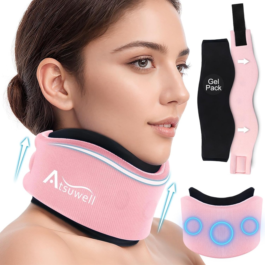 Atsuwell Soft Neck Brace Cervikal Collar, Justerbar Neck Support Brace med bevegelig Gel Pack, Reusable Ice Wrap for riktige poster, sovende, rosa