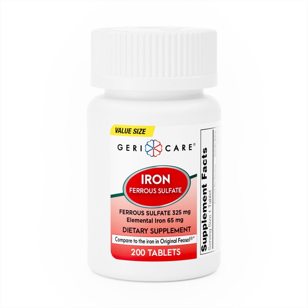 GeriCare Ferrous Sulfate tabletter 325mg, Elementalt jern 65 mg høy potens jern Supplement | Diett Supplement 200 Count. (Pack of 1)
