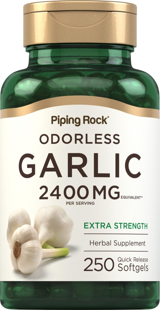 Piping Rock Odorless hvitløk Supplement 2400 mg | 250 Softgels | Høy potens Herbal ekstrakt | Ekstra styrke piller | Ikke-GMO, Glutenfri
