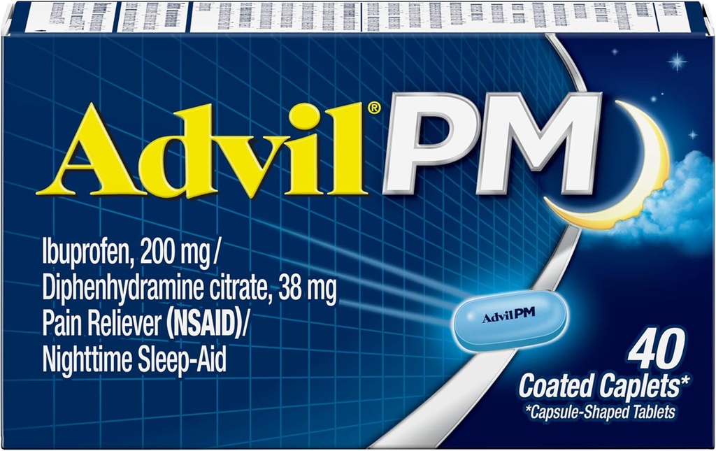 Advil PM (40 greve, pakke med 2) Smerte Reliever / Natt søvnhjelp coated Caplet, 200 mg Ibuprofen og 38 mg difenhydramincitrat