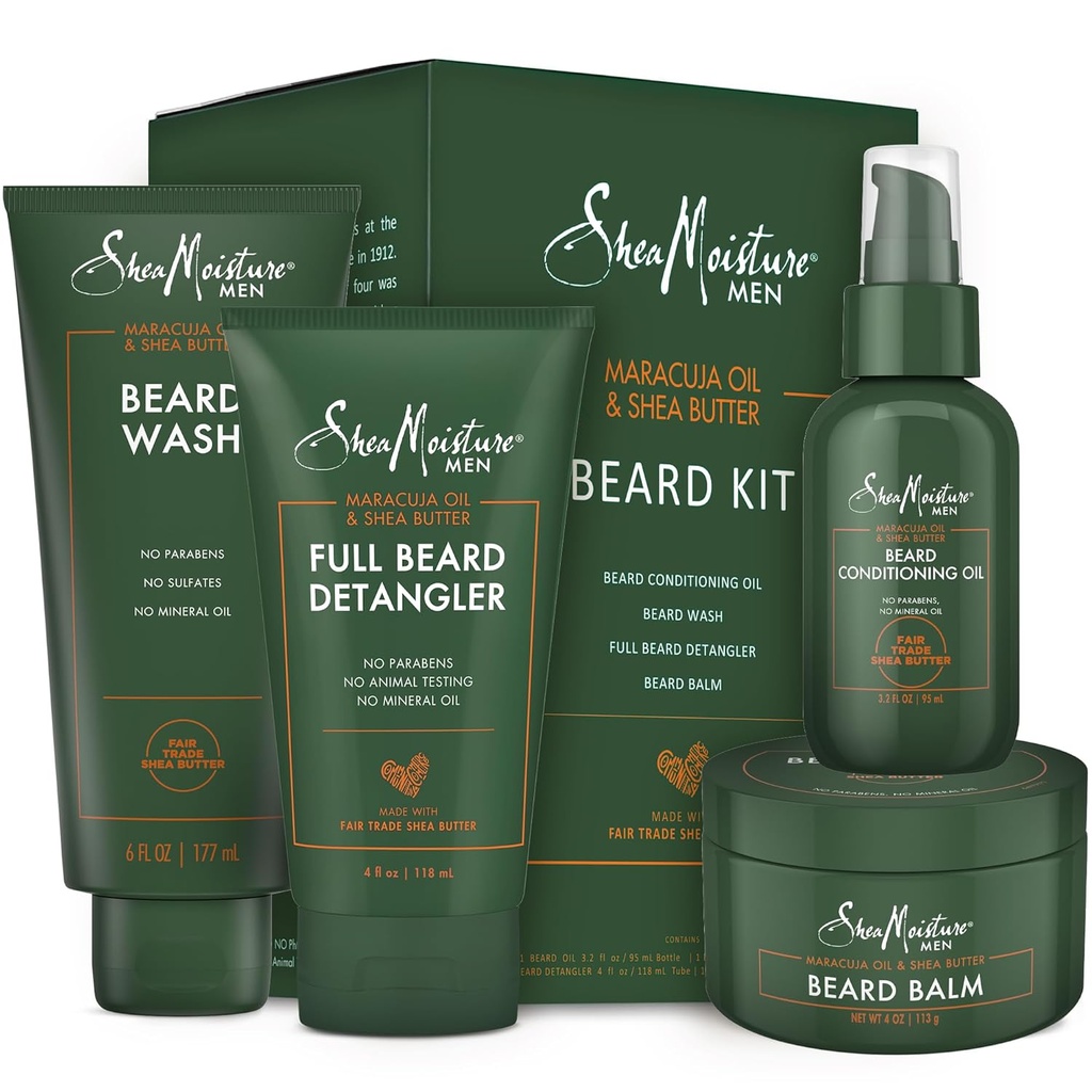 SheaMoisture Beard-Care Kit for menn, Inkluderer Vaske, Balm, Olje, Betingelse, Naturlig Shea Smør og Maracuja olje, God gave