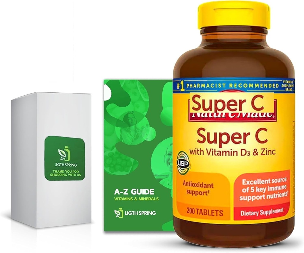 Super C med vitamin D3 & sink 200 tabletter med eksklusiv A til Z - bedre Ligth & Spring Guide (2 elementer)