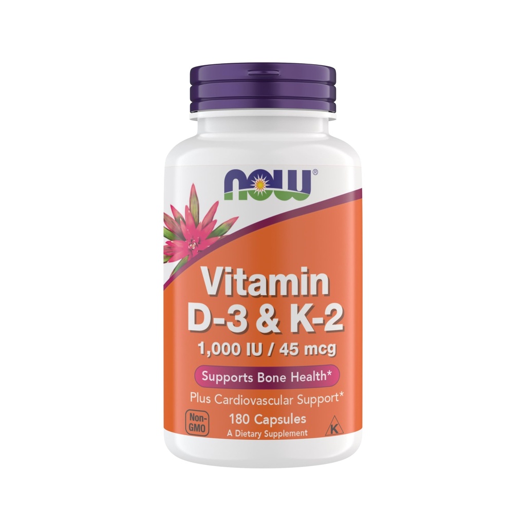 Nå Supplements Vitamin D3 K2, 1000 IU/45 MG, Cardiovaskulær støtte, Støtter bein helse, 180 Vegetariske kapsler - Vegan, Glutenfri, Kosher