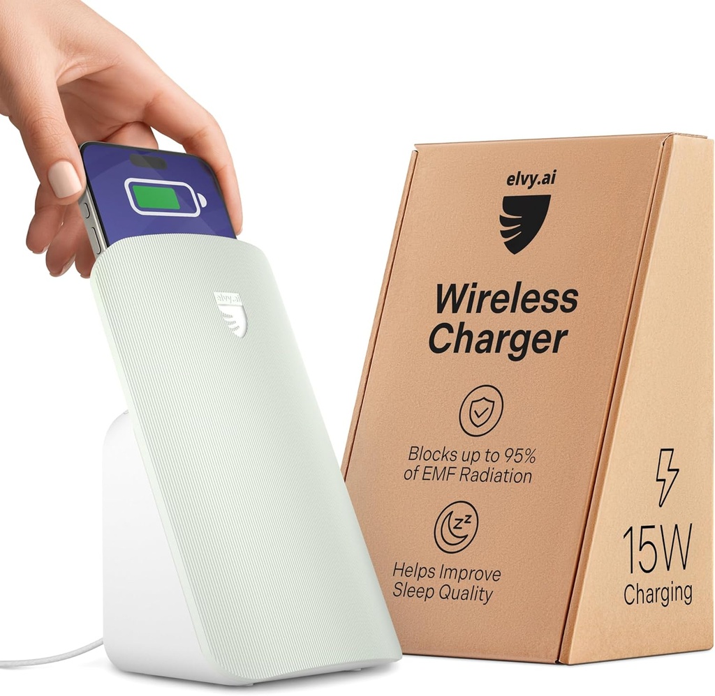 Elvy Fast Qi trådløse lader for mobiltelefoner - Designet med EMF Management teknologi for forbedret lading, avansert miljøbeskyttelse, Lab testet av Ordos Tech, 2023 (mint grønn)