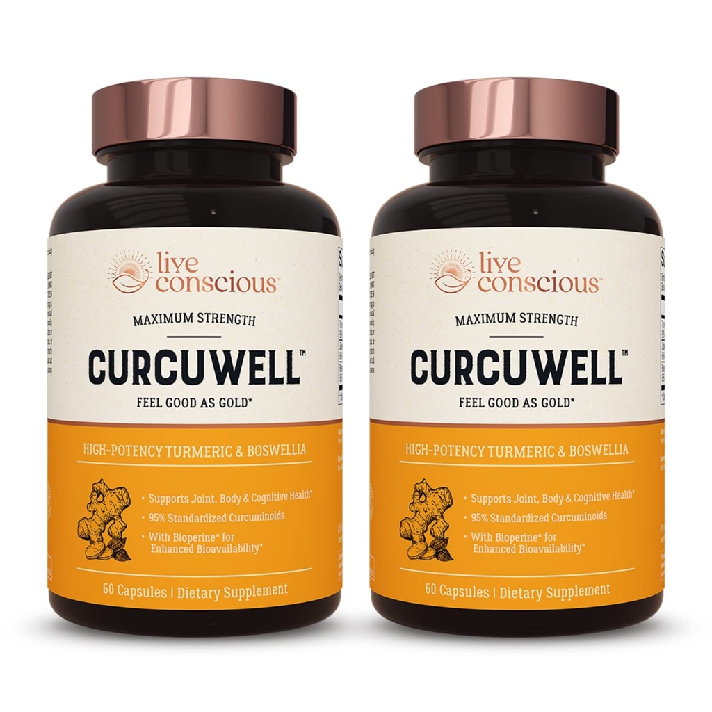 Live Conscious CurcuWell - Curcumin og Boswellia Blend | Maks styrke felles, kropp og kognitiv støtte - 60 dagers forsyning (2-Pack)