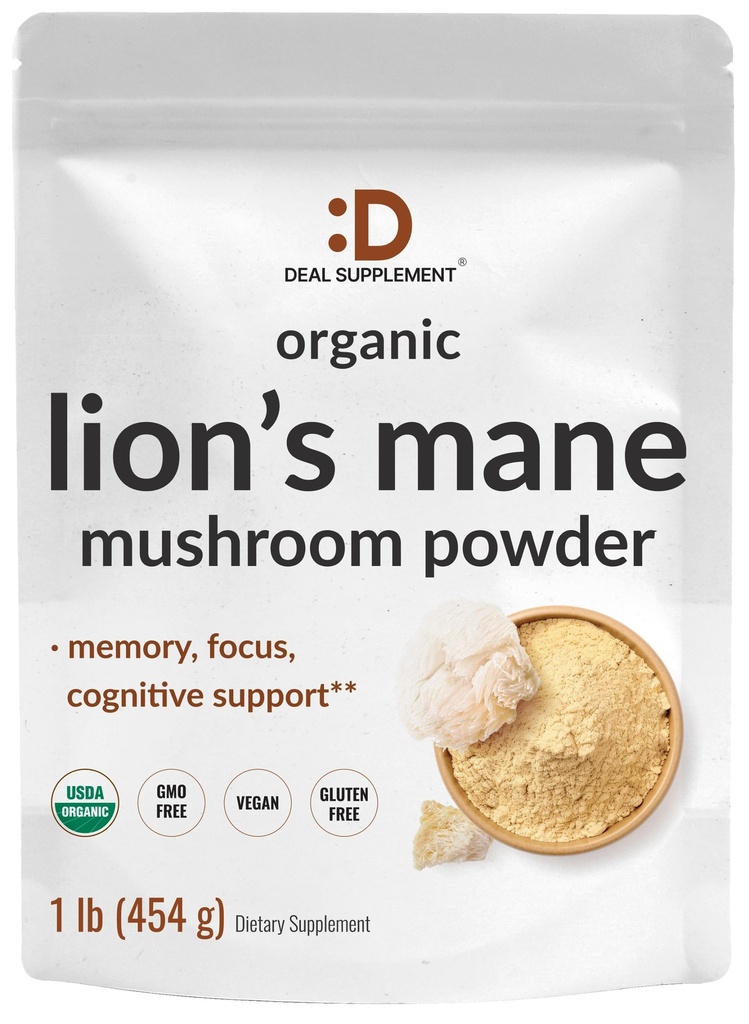 Deal Forsyning Organic Lions Mane Mushroom pulver Supplement, 1.500mg Per Serving, 1.lb - Aktive Fruiting Body & Mycelium Extract - Natural Brain Nootropic & Immune System Booster - Ikke-GMO