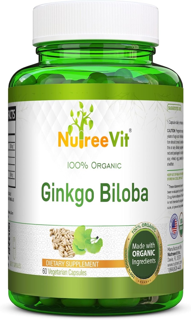 NutreeVit 100% organiske Ginkgo Biloba kapsler - støtter hjernens helse, mental varsling, sirkulasjon og øker minnet - organisk antioksidant - 100 greveflaske