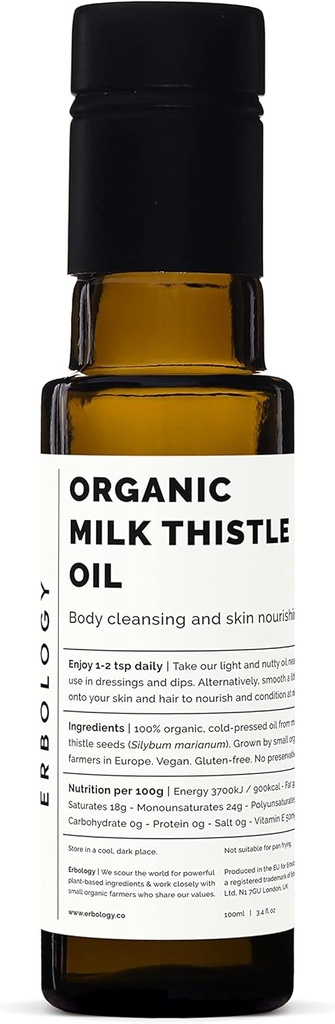 Erbologi Økologisk Melk Thistle Oil 3.4 fl oz - Kaldpresset - høy i vitamin E - avgiftsfri - Straight from Farm - Ikke GMO - Ingen tilsetningsmidler eller preservativer - Resirkulerbar glassflaske
