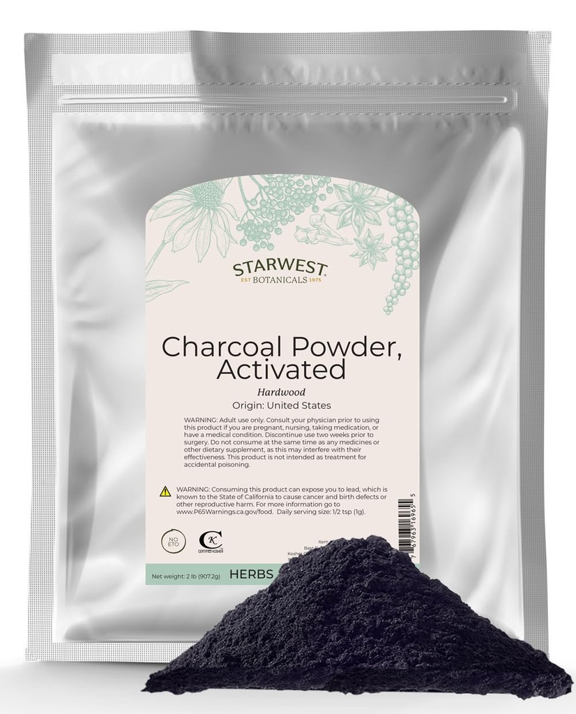 Starwest Botanicals Aktivert Charcoal pulver, 2 pund