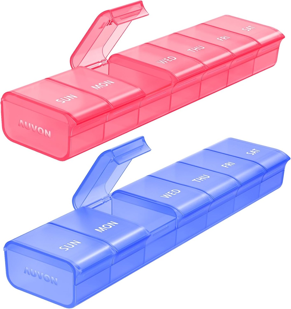 AUVON 2 pakke ukentlig pilleorganisator, Dual-Color Large Pill Case sett for flere piller sporing, pille boks 7 dager for reise, pille container for hjemme bruk for å holde vitaminer, kosttilskudd, medisiner