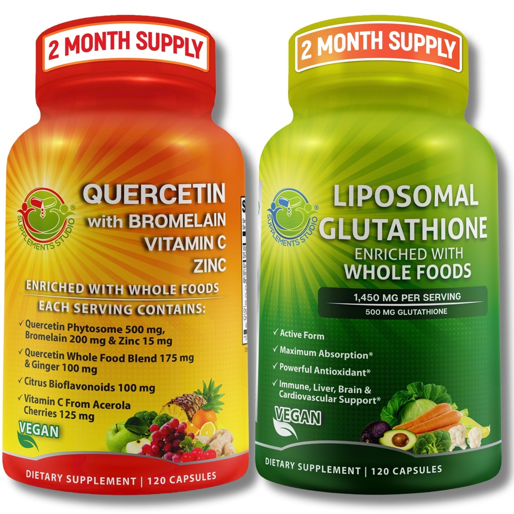 Immun & Cellular Support Bundle - Liposomal Glutathione 500mg med hele mat og Quercetin med Bromelain, vitamin C og sink hele matkomplekset - Vegansk, ikke-GMO, ren daglig helsestøtte