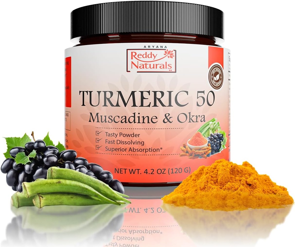 Reddy Naturals Aryana Turmeric 50 – Økologisk gurkemeie Supplement pulver med Muscadin Grape & Okra – Rask dissolvering, Plantebasert formel for daglig velvære – 30 Serveringer