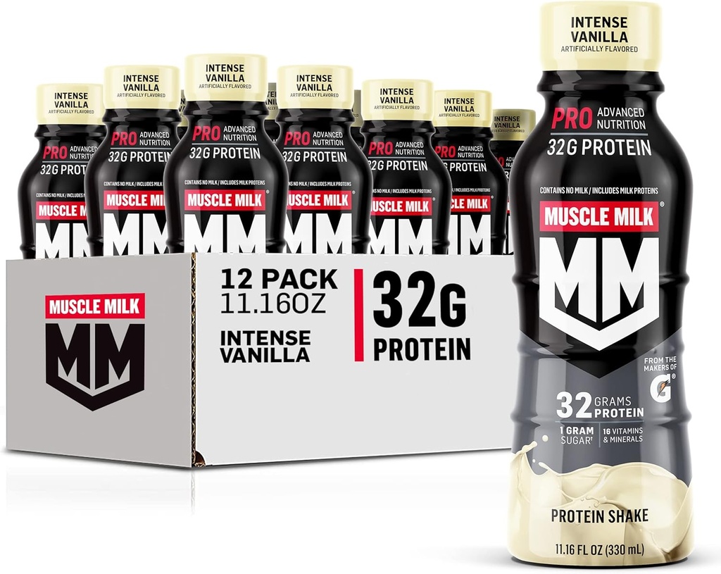 Muskelmelk Pro Advanced Nutrition Protein Shake, Intense Vanilla, 11.16 Fl Oz (pakke med 12), 32g Protein, 1g Sukker, 16 vitaminer og mineraler, 5g Fiber, Treningsgjenvinning, Energiizing Snack, Emballasje May Vary