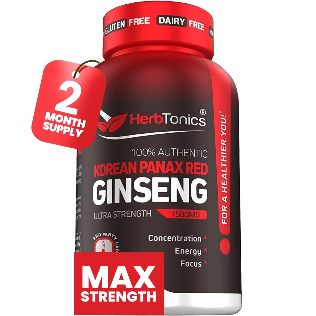 Herbtonics koreansk rød Panax Ginseng 1500mg - Energitilskudd for topp ytelse, fokus & vitalitet - høy potens Ginseng Root Extract - 120 Vegan Kapsler