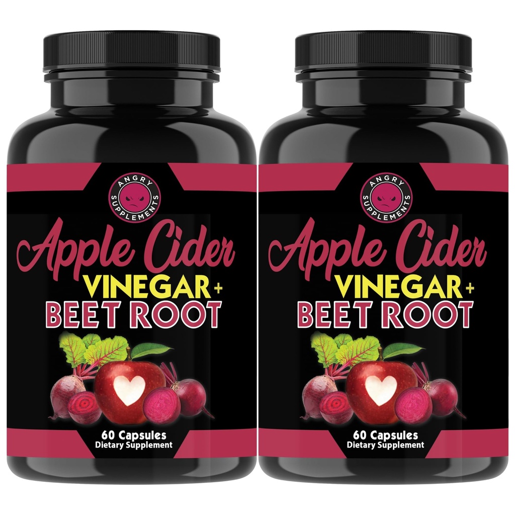 Angry kosttilskudd Apple Cider Vinegar + Beet Root Powder Capsules, ren ACV Beetroot 1000mg per servering, Nitric Oxid Booster & Digestive helse for menn og kvinner 60ct, 2 Pack (120ct totalt)