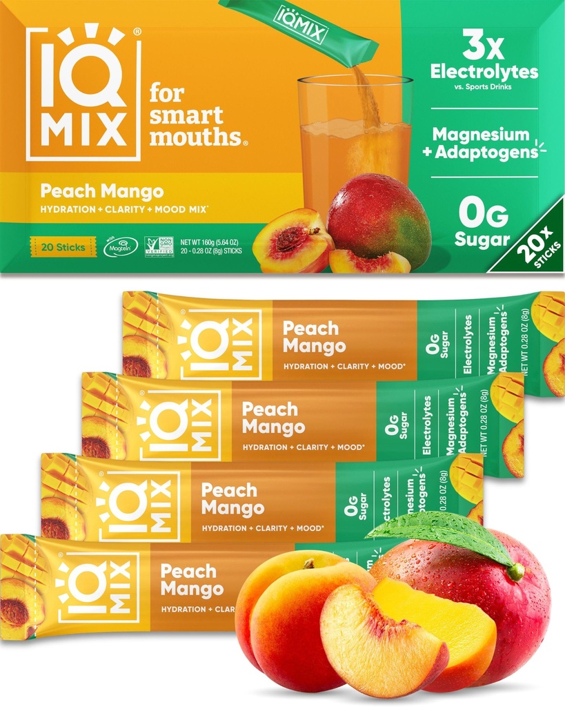 IQMIX Hydration Electrolyte pulver – 4-i-1 formel for Hydration, mental klarhet, humør og gjenoppretting – sukkerfri drikkblanding, keto, magnesium L-treonate, Lion's Mane – 20 greve Peach Mango
