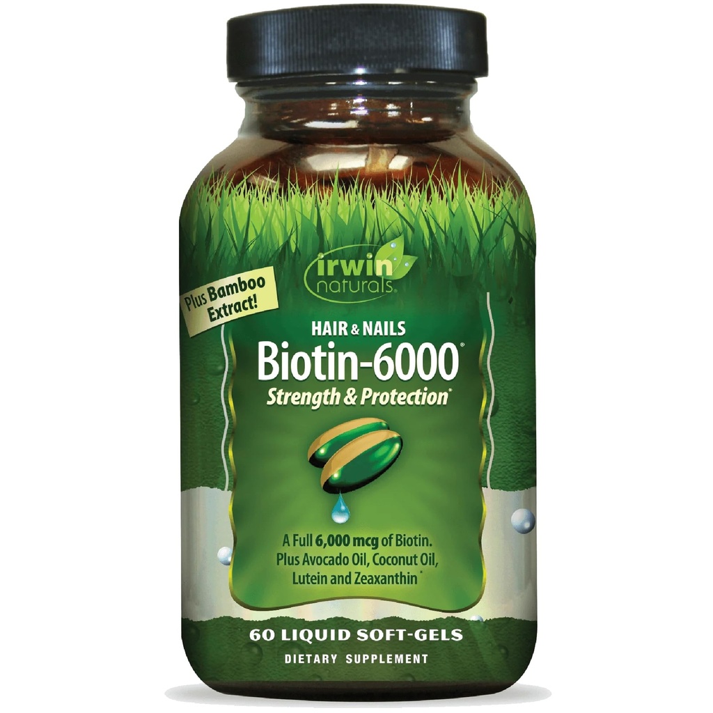 Irwin Naturals Biotin-6000 støtter sunn hud, hår og negler - 60 flytende Softgels - styrke + beskyttelse med høy styrke 6000 mcg, Bamboo, Avocado, Kokos og mer - Maksimal absorpsjon