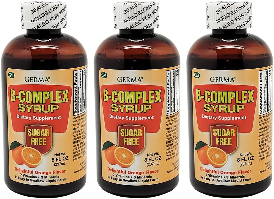 Germa B-Complex Syrup. Kosttilskudd. Bein helse, vekst og utviklingshjelp. Sukkerfri. Orange Flavor. 8 oz. Pakke med 3
