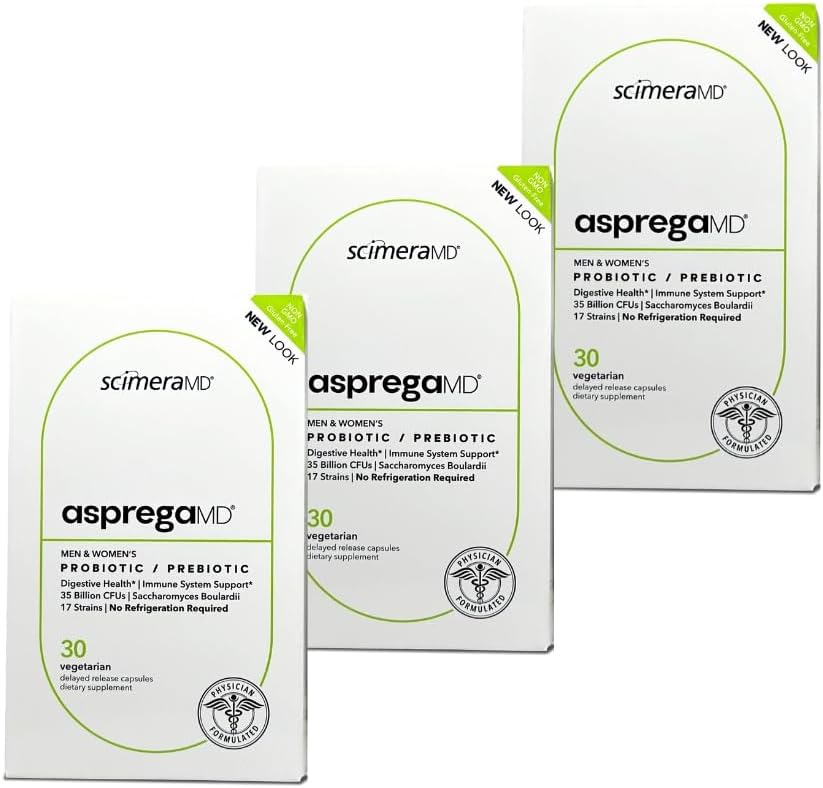 Asprega 30CT - Probiotic + Prebiotic Supplement | 17 Strains, 35 milliarder CFUs | Forsinket release | ZYPRONYZ Boulardii | for menn og kvinner | av ScimeraMD, 3-Pack